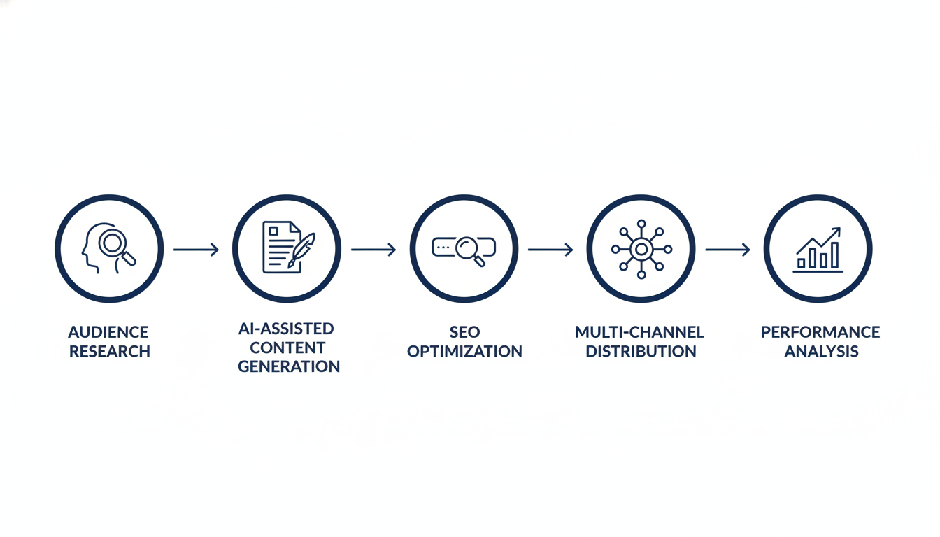 AI content marketing workflow: research, generation, optimization, distribution, and analysis process