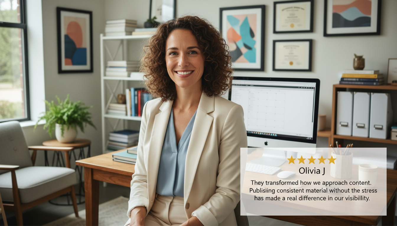 Satisfied Gainesville business owner with 5-star testimonial about professional AI content marketing results