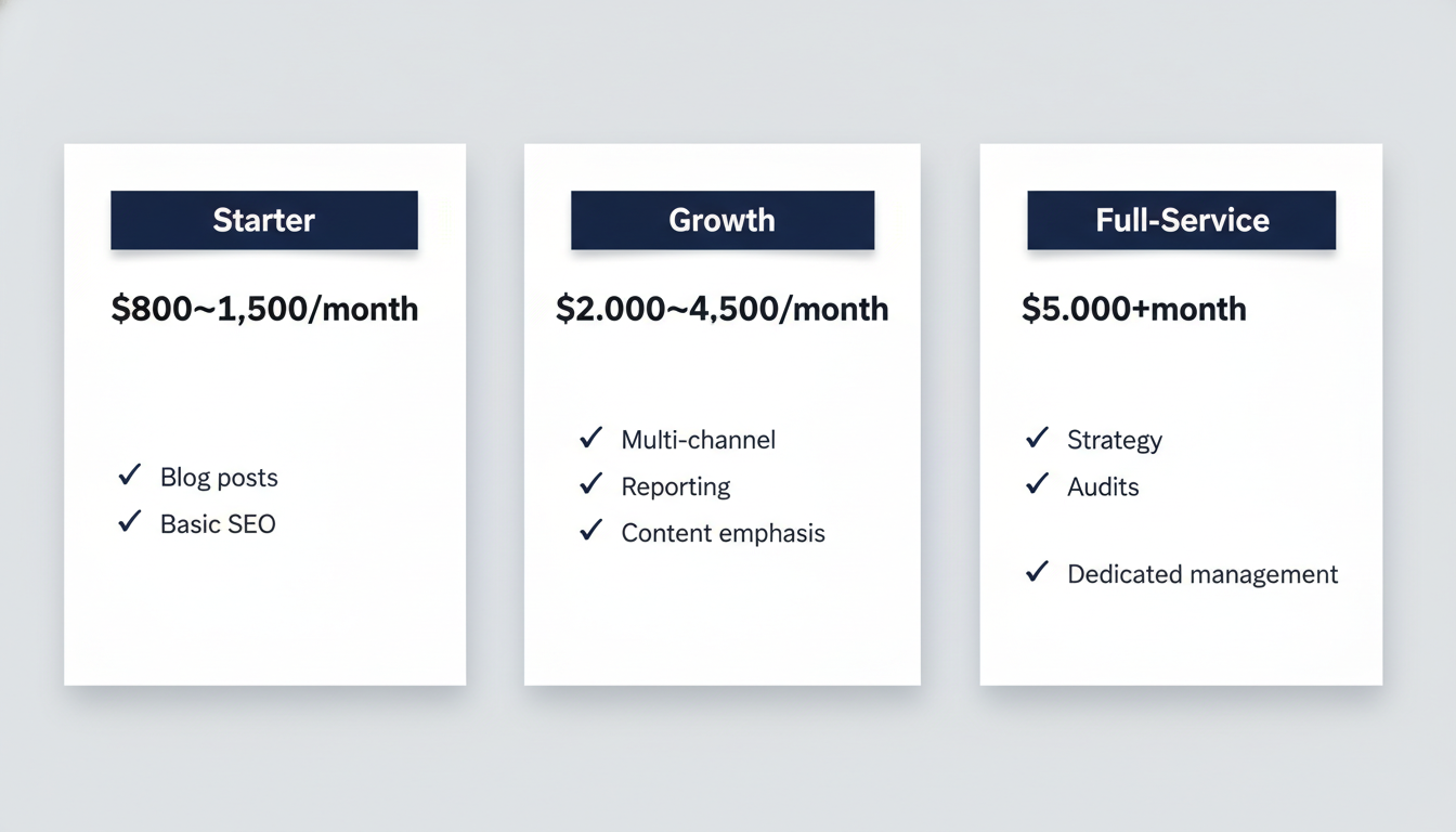 AI content marketing pricing tiers: Starter $800-1500, Growth $2000-4500, Full-Service $5000+ monthly