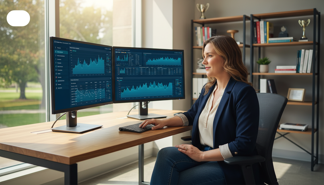 AI SEO strategist reviewing analytics dashboard in modern Oxnard office. SEO services, Oxnard GA.