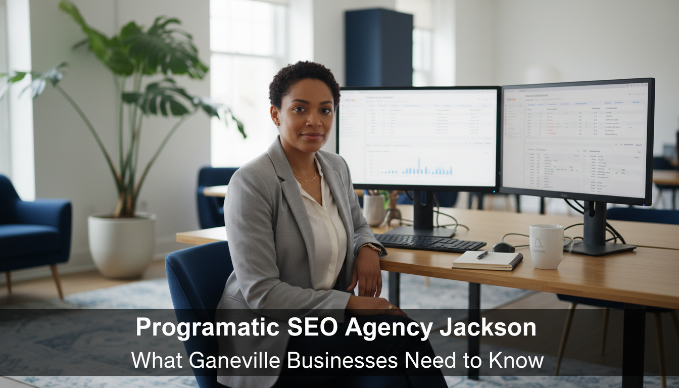 Professional SEO strategist at modern agency office with analytics dashboards, Programmatic SEO, Jackson FL