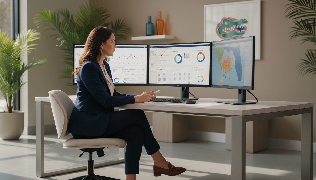 Professional woman analyzing SEO analytics dashboards at modern office desk, Asheville, NC