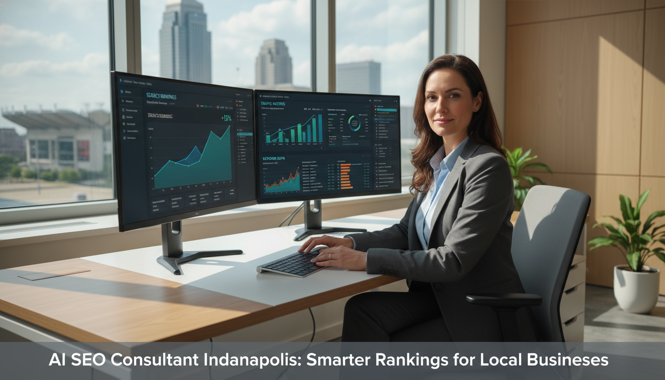 Professional consultant reviewing analytics dashboards in modern Indianapolis office with natural lighting