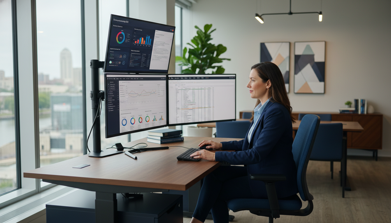 Digital marketing strategist analyzing programmatic SEO campaigns in modern Brownsville office with multiple monitors