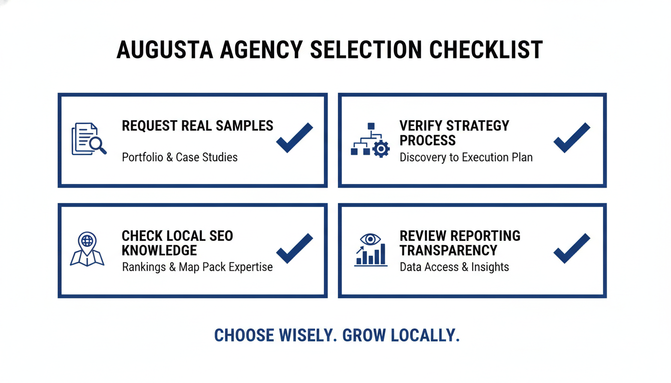 Agency selection checklist with criteria for samples, strategy, local SEO knowledge, and reporting transparency