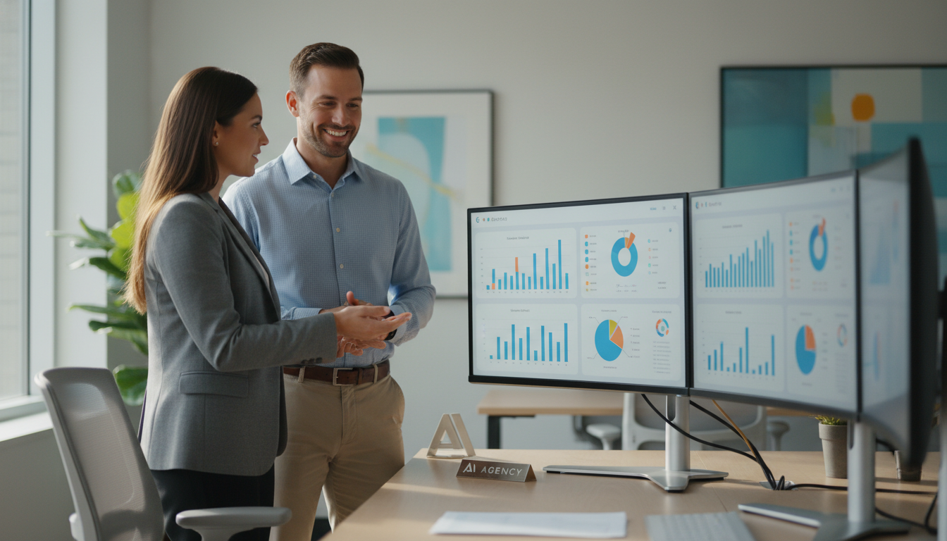 Marketing consultant reviewing AI campaign analytics with business client in modern office, Allentown GA