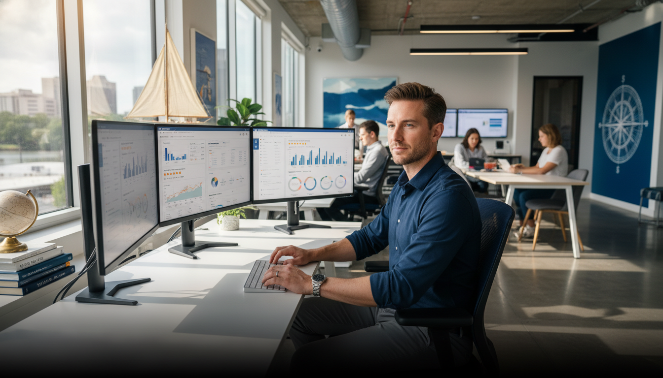 Digital strategist at modern agency workstation analyzing local SEO metrics on multiple monitors. Local SEO agency, Naples GA.