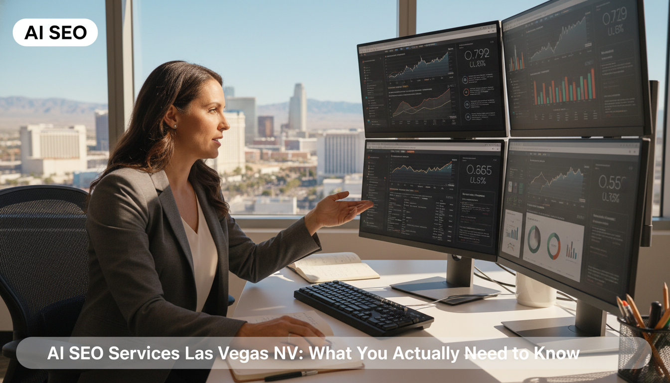 Digital marketing professional working on SEO analytics in modern Las Vegas office with multiple monitors showing ranking data
