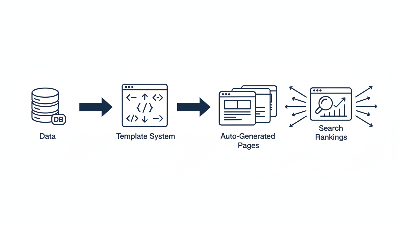 Programmatic SEO workflow diagram showing data, templates, pages, rankings process