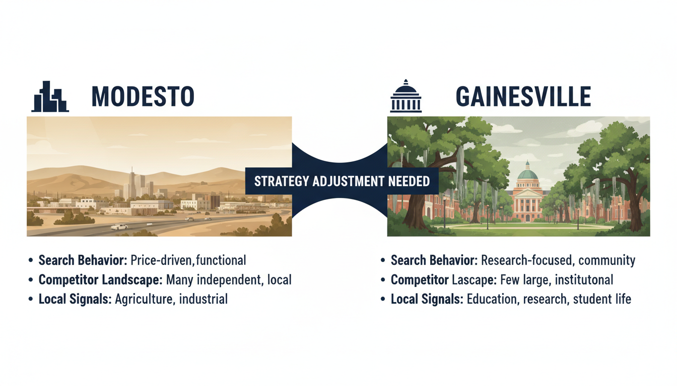 Modesto vs Gainesville market strategy comparison showing local differences