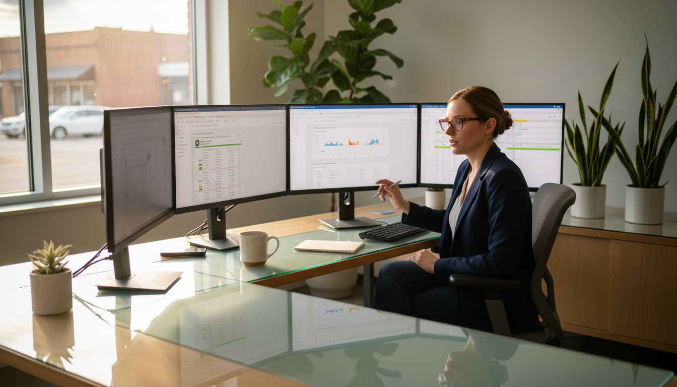 SEO strategist analyzing analytics dashboards on multiple monitors in modern Raleigh office with natural window light