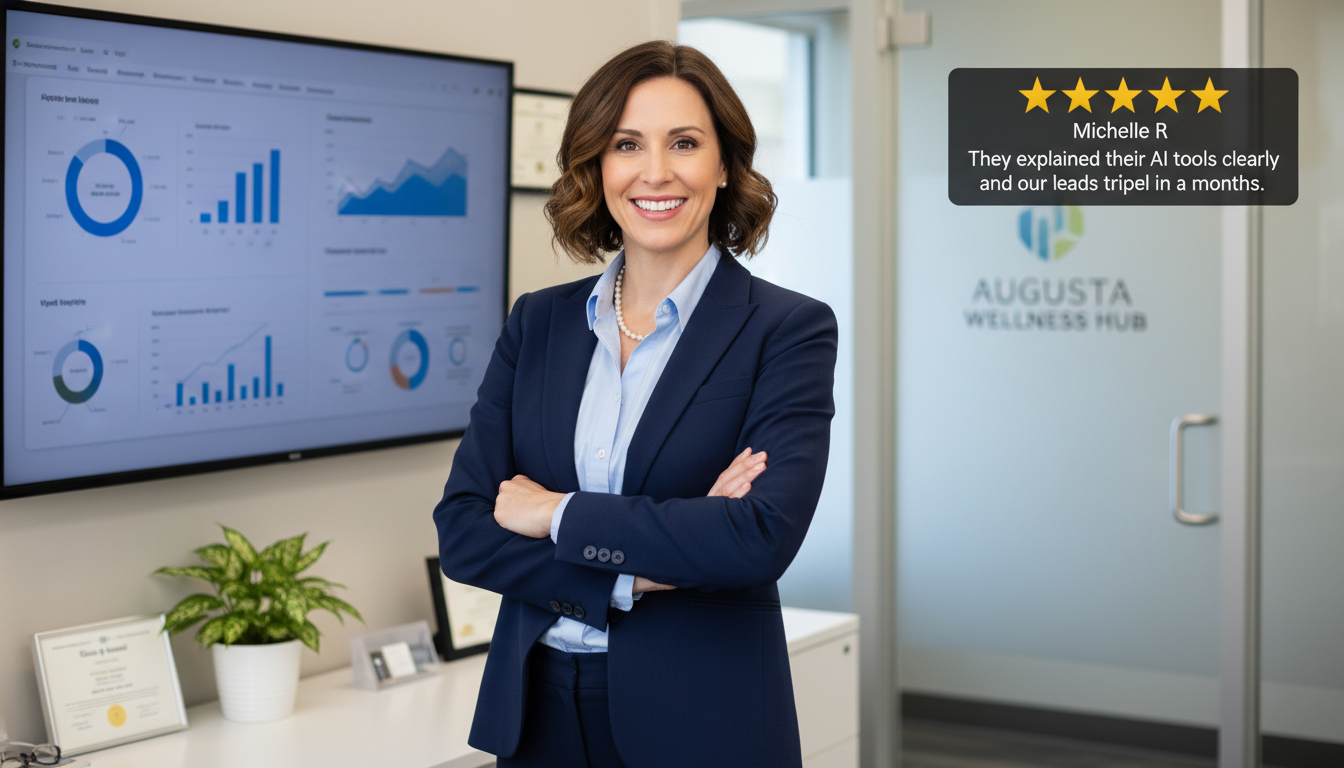 Female business owner testimonial with 5-star review for AI digital marketing results