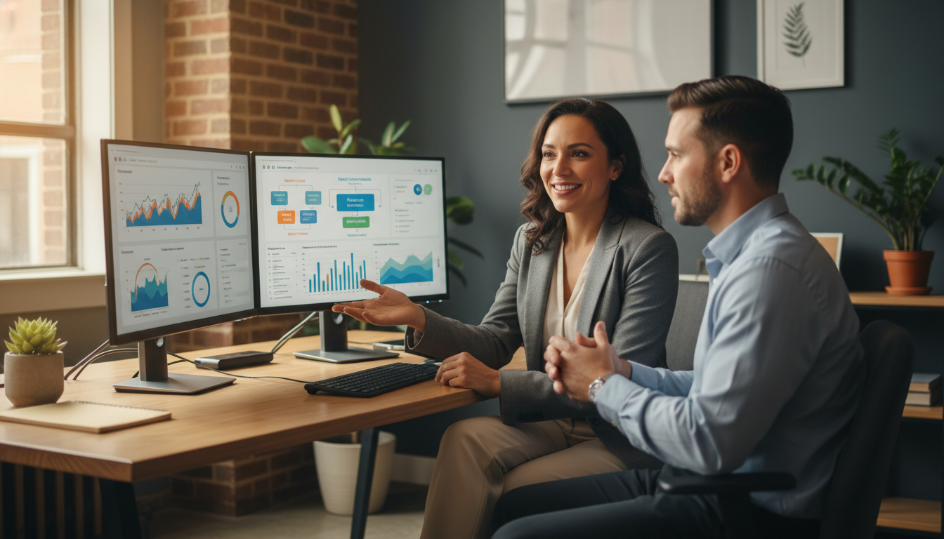 Digital marketing consultant reviewing analytics with Hilton Head business owner in modern office