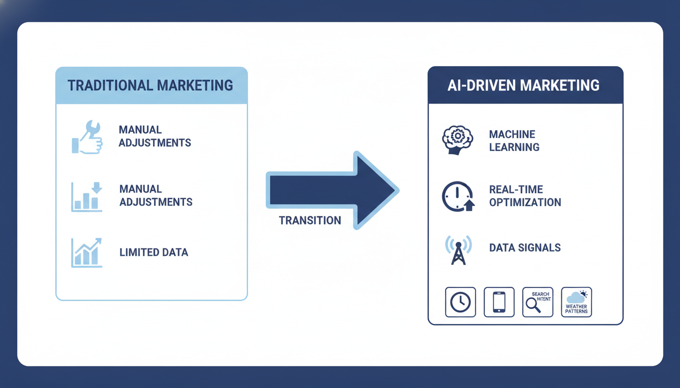 AI marketing process flow diagram: traditional vs AI-driven approach for digital marketing
