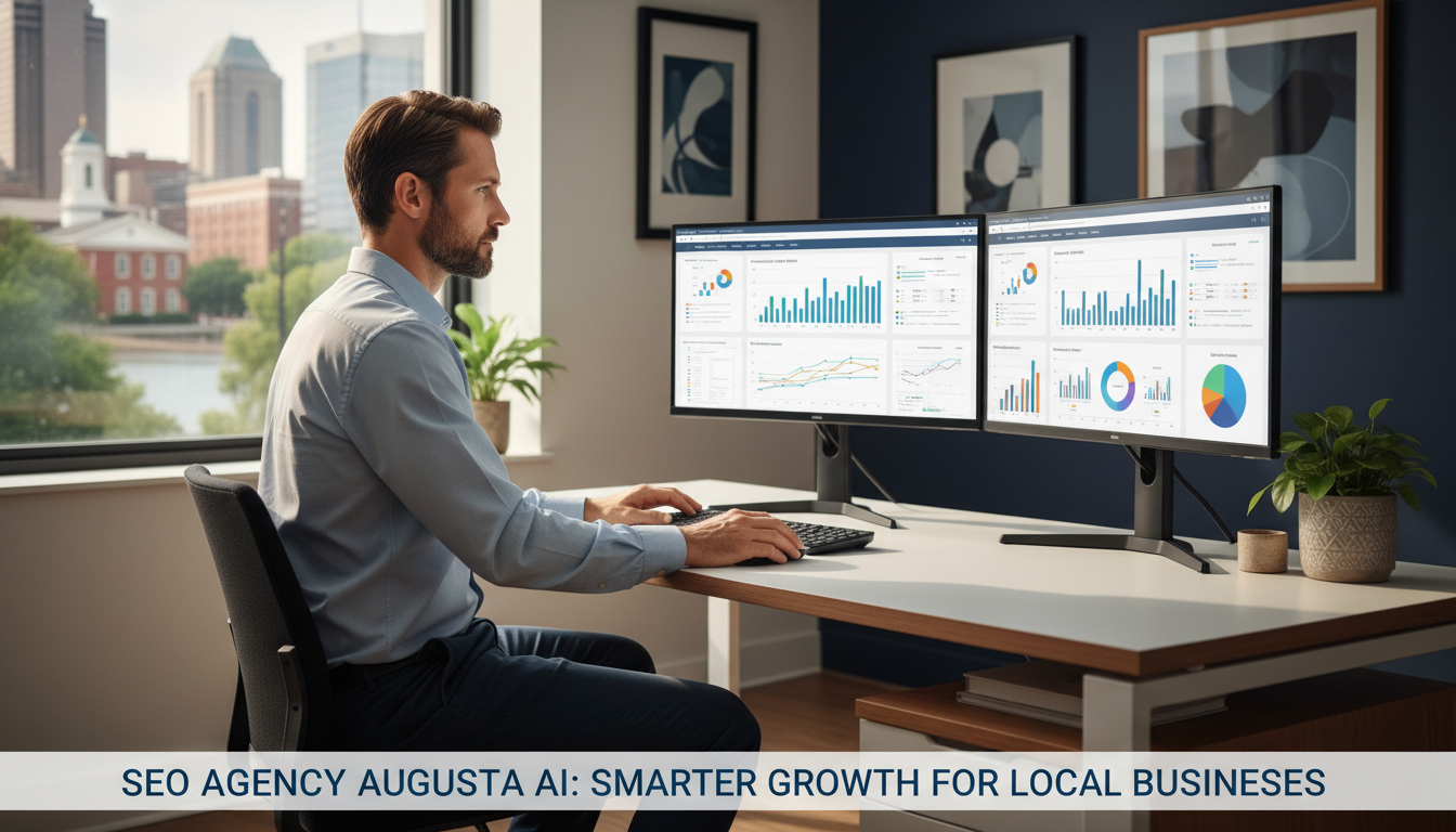 SEO strategist at modern office desk with dual analytics monitors, Augusta AI: professional digital marketing expertise