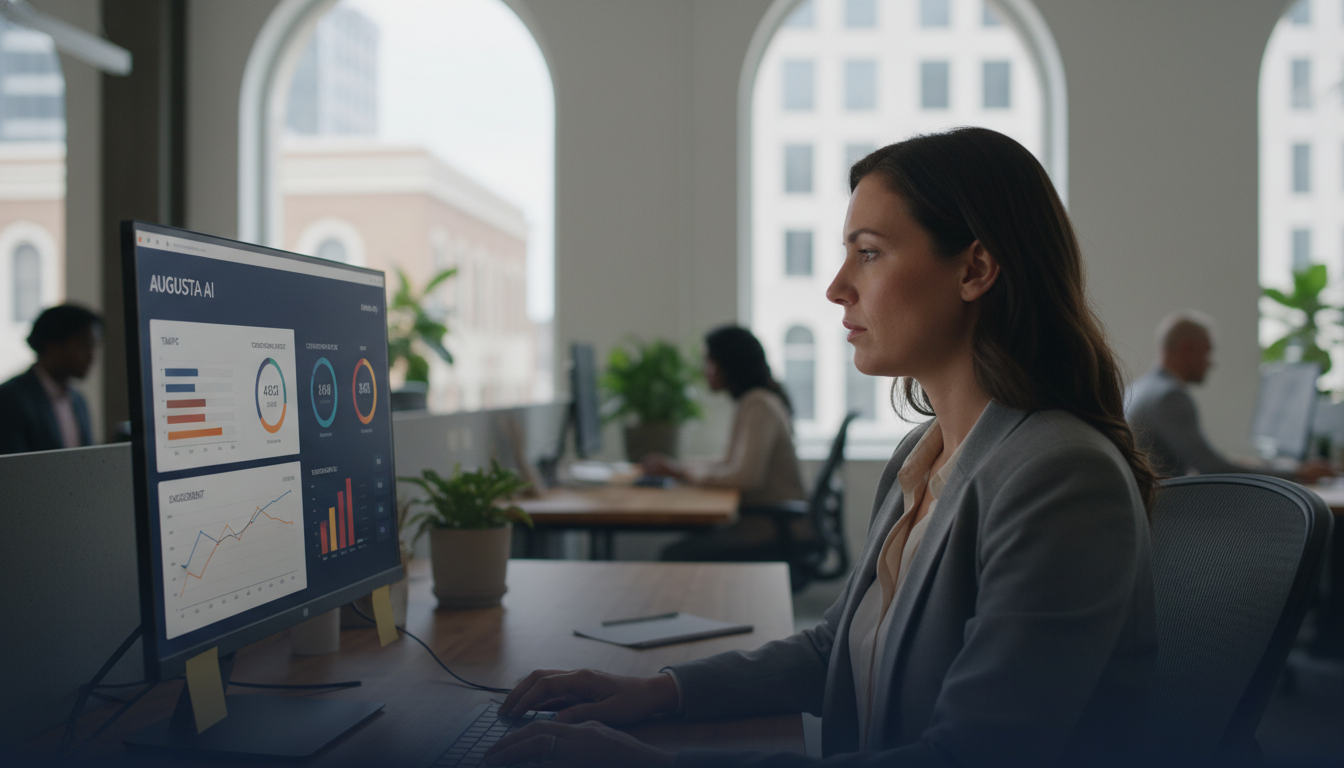 Digital marketer reviewing AI analytics dashboard in modern office, AI digital marketing, Ocala GA