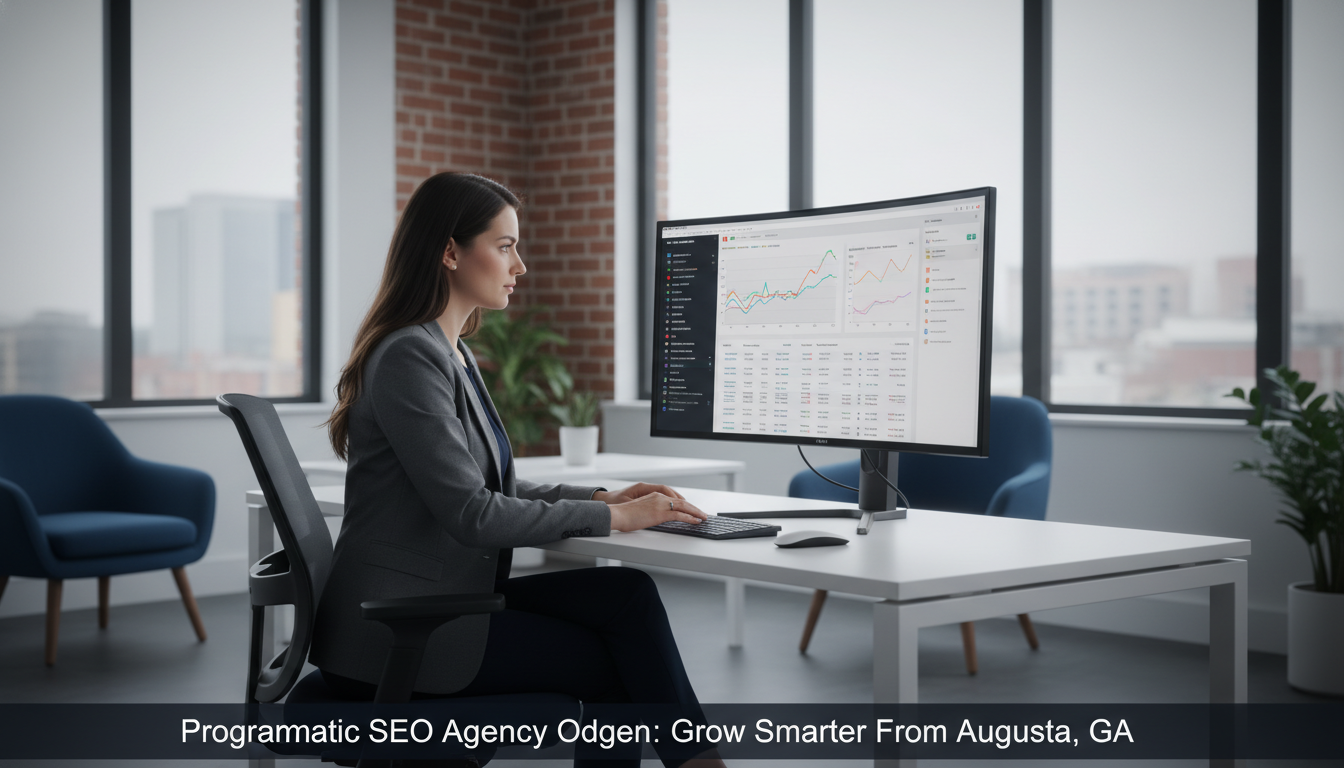SEO strategist analyzing programmatic search optimization data on modern office dashboard, Ogden GA