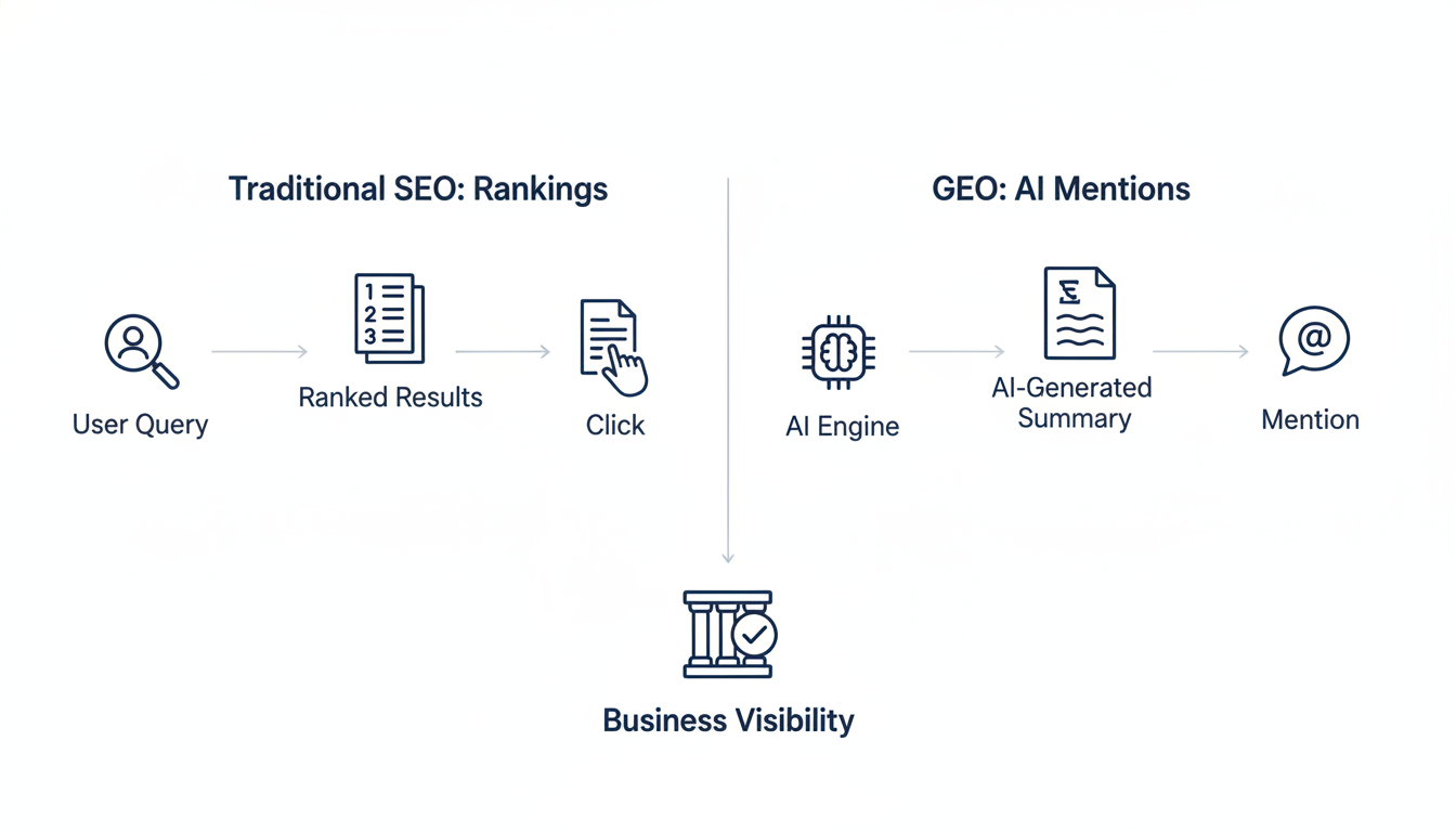 Infographic comparing traditional SEO rankings to GEO AI mentions for Augusta business visibility
