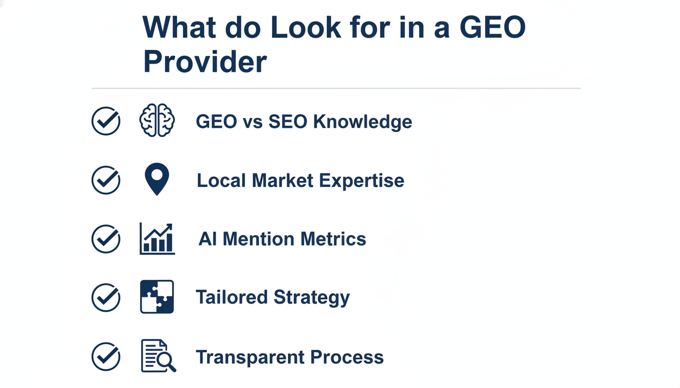 Checklist infographic: what to look for in a GEO provider for Augusta business optimization