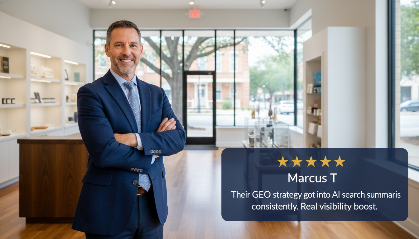 Augusta business owner testimonial with 5-star review praising GEO strategy results and AI search visibility
