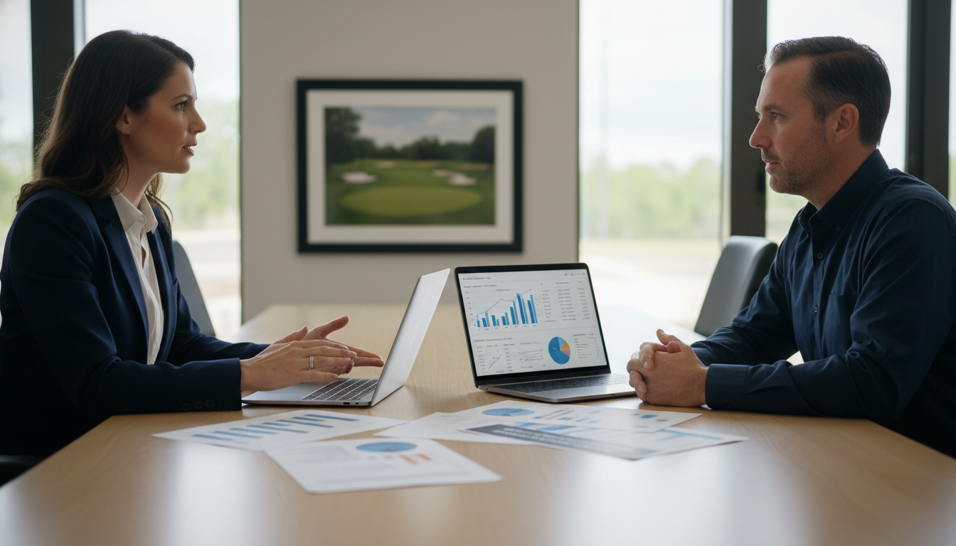Professional SEO agency consultation: digital strategist and business owner reviewing analytics in modern office, Mobile, AL