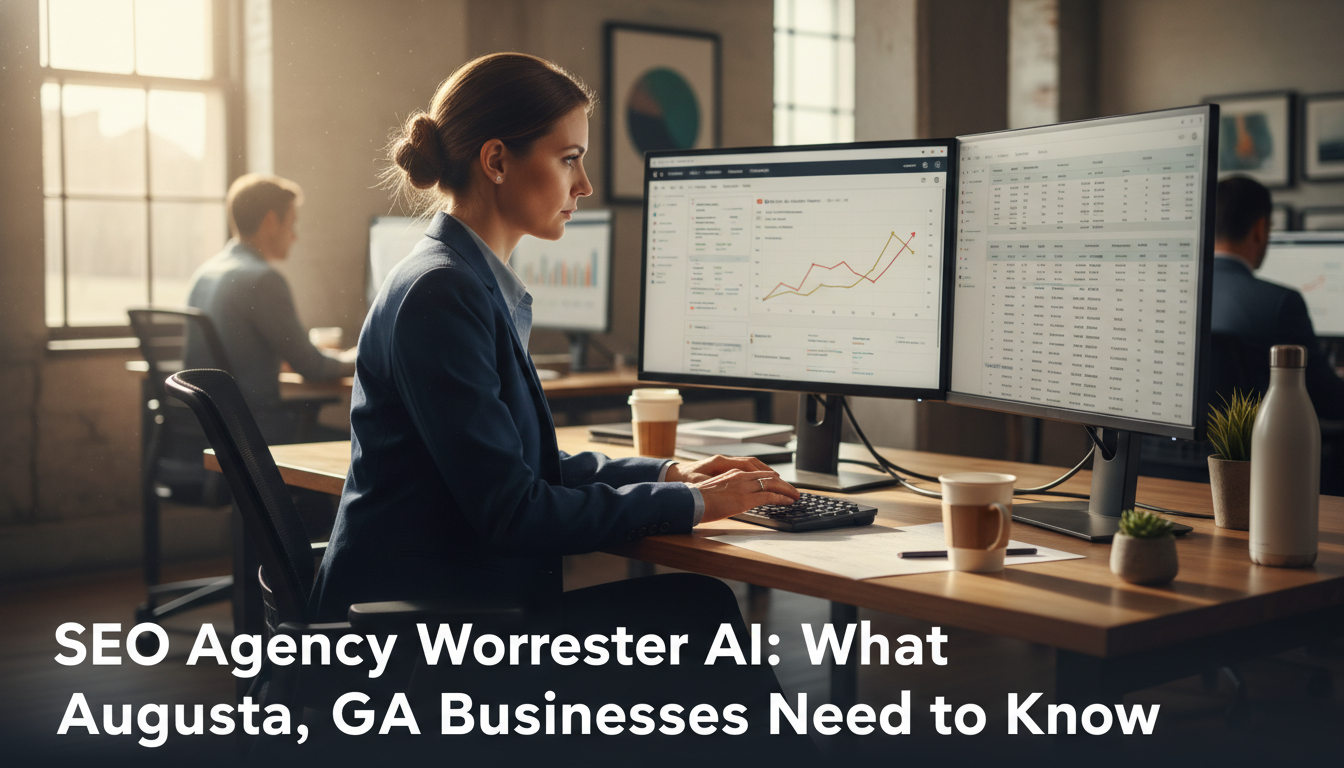 SEO strategist working at office workstation with analytics dashboards, SEO Hybrid service, Worcester GA