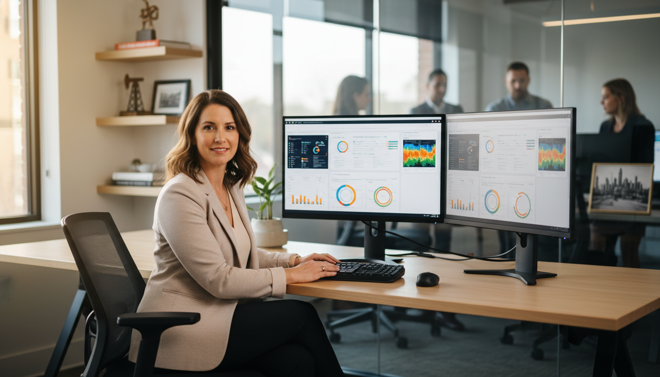 AI SEO strategist in modern Tulsa office analyzing analytics dashboards and data insights