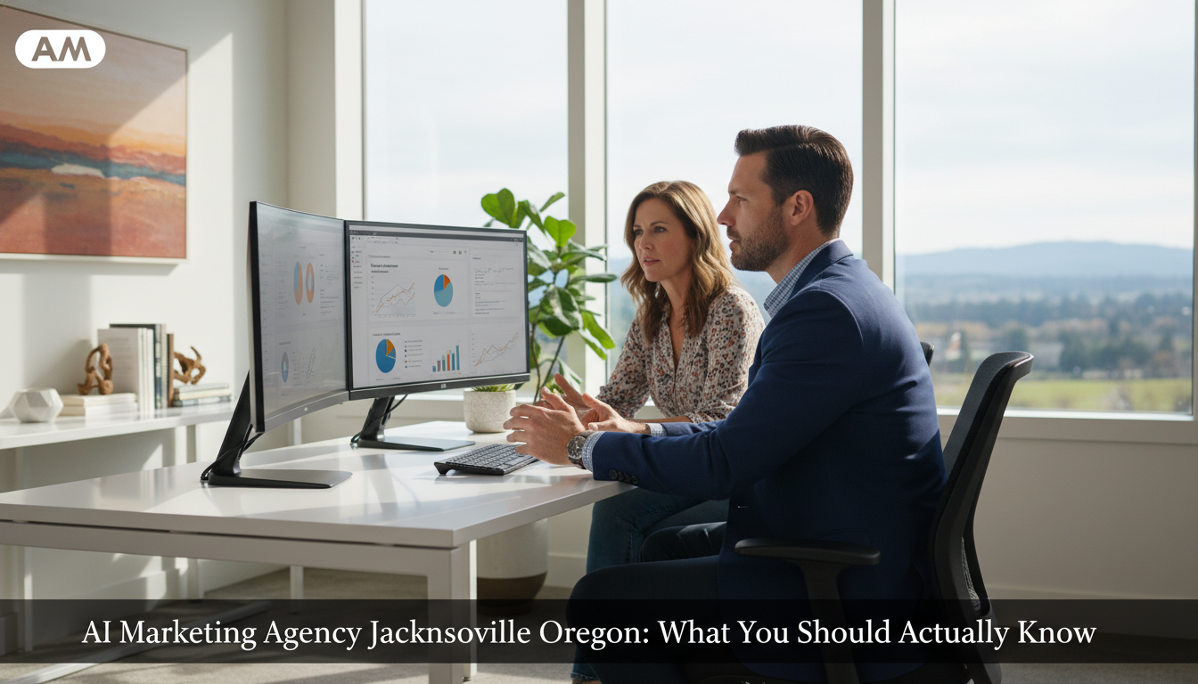 Marketing strategist and business owner consulting in modern Jacksonville office with analytics dashboard. AI Marketing Agency Jacksonville Oregon.