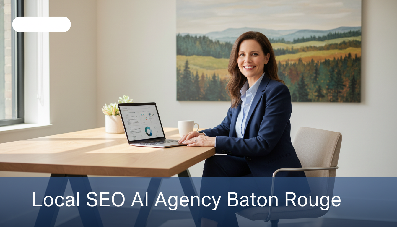 Professional business owner in modern office with laptop, confident expression. Local SEO, Baton Rouge GA.