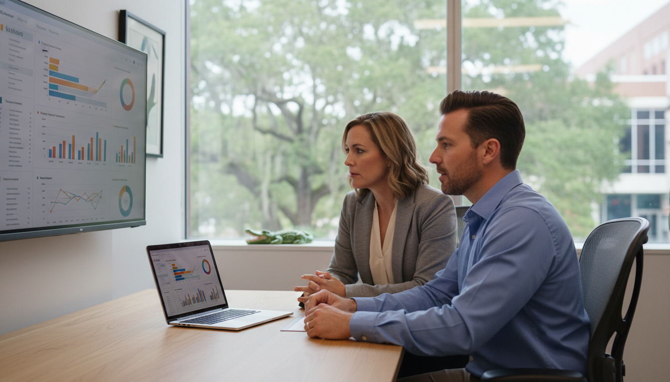 SEO consultant and business owner reviewing analytics dashboard in modern office, Jackson FL