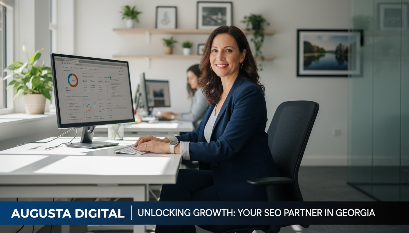 Professional digital marketing specialist working in modern office with analytics on screen, Naples GA SEO services