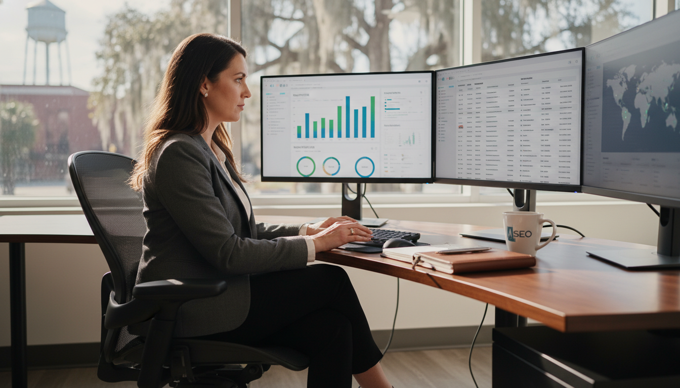 Digital marketing strategist working at desk with multiple monitors displaying SEO analytics dashboards. AI SEO services, Huntsville, AL.
