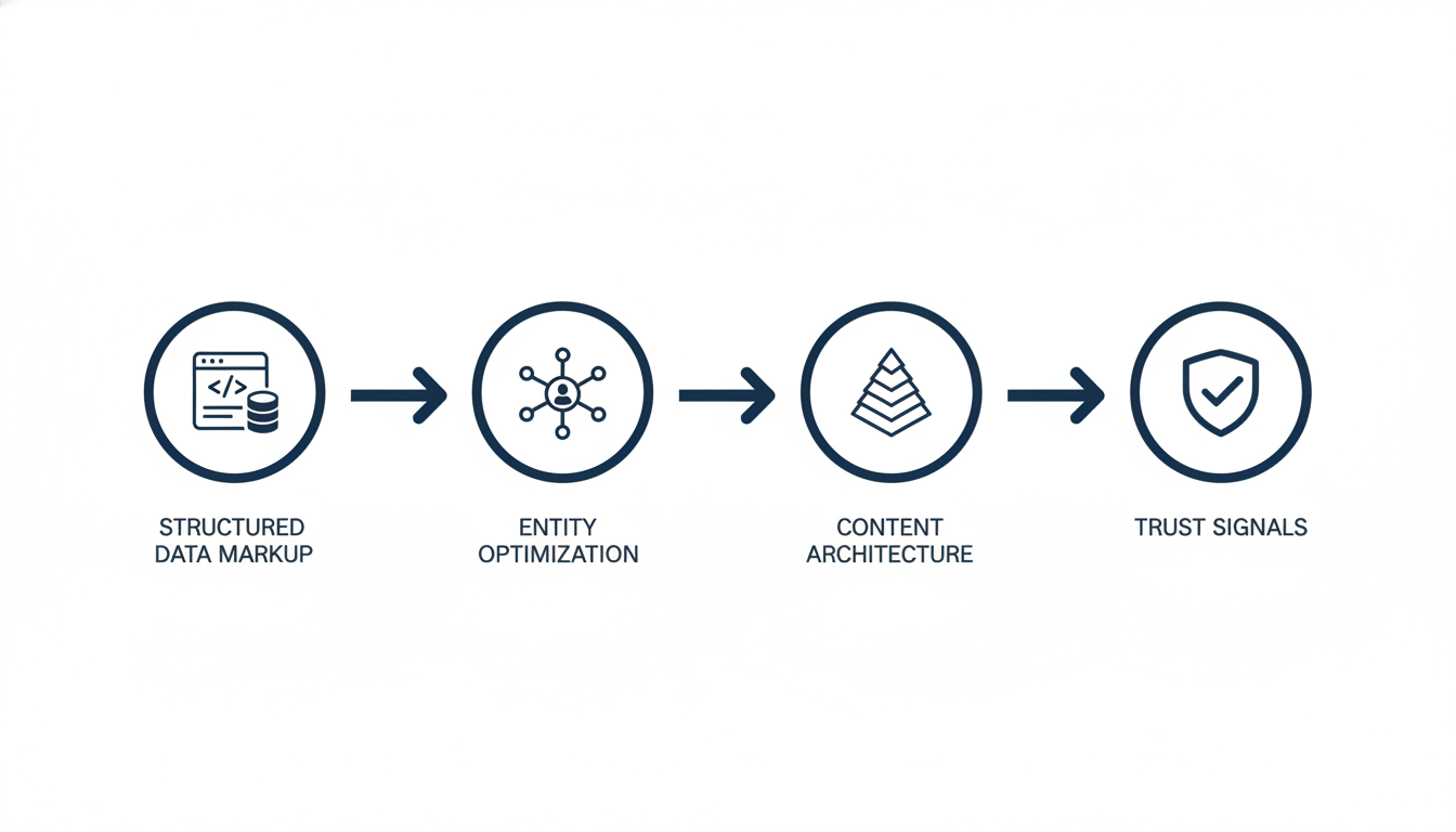 GEO components flow diagram: Structured Data Markup, Entity Optimization, Content Architecture, Trust Signals for generative AI optimization.