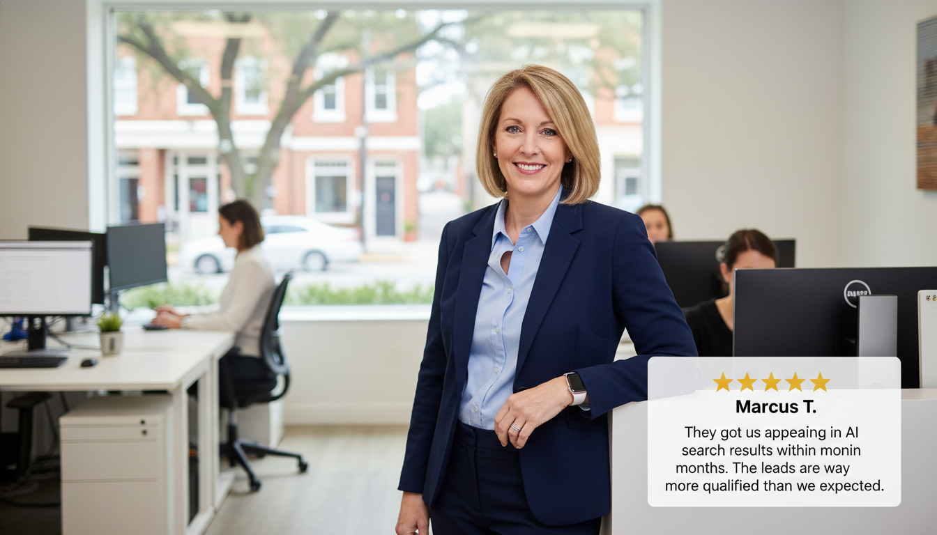 Business owner testimonial with 5-star review: 'They got us appearing in AI search results within months. The leads are way more qualified.'