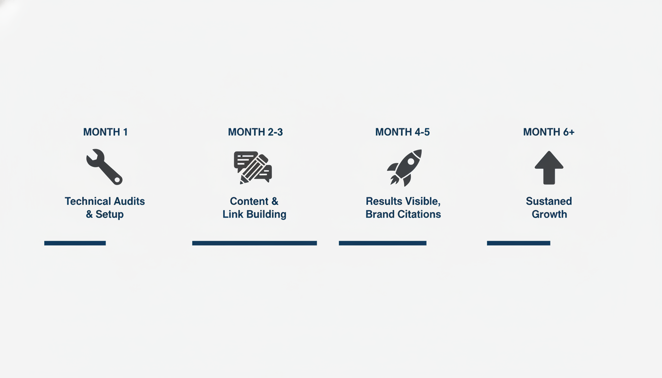 Six-month GEO timeline showing progression from technical audits through visible AI citation results for Augusta businesses.