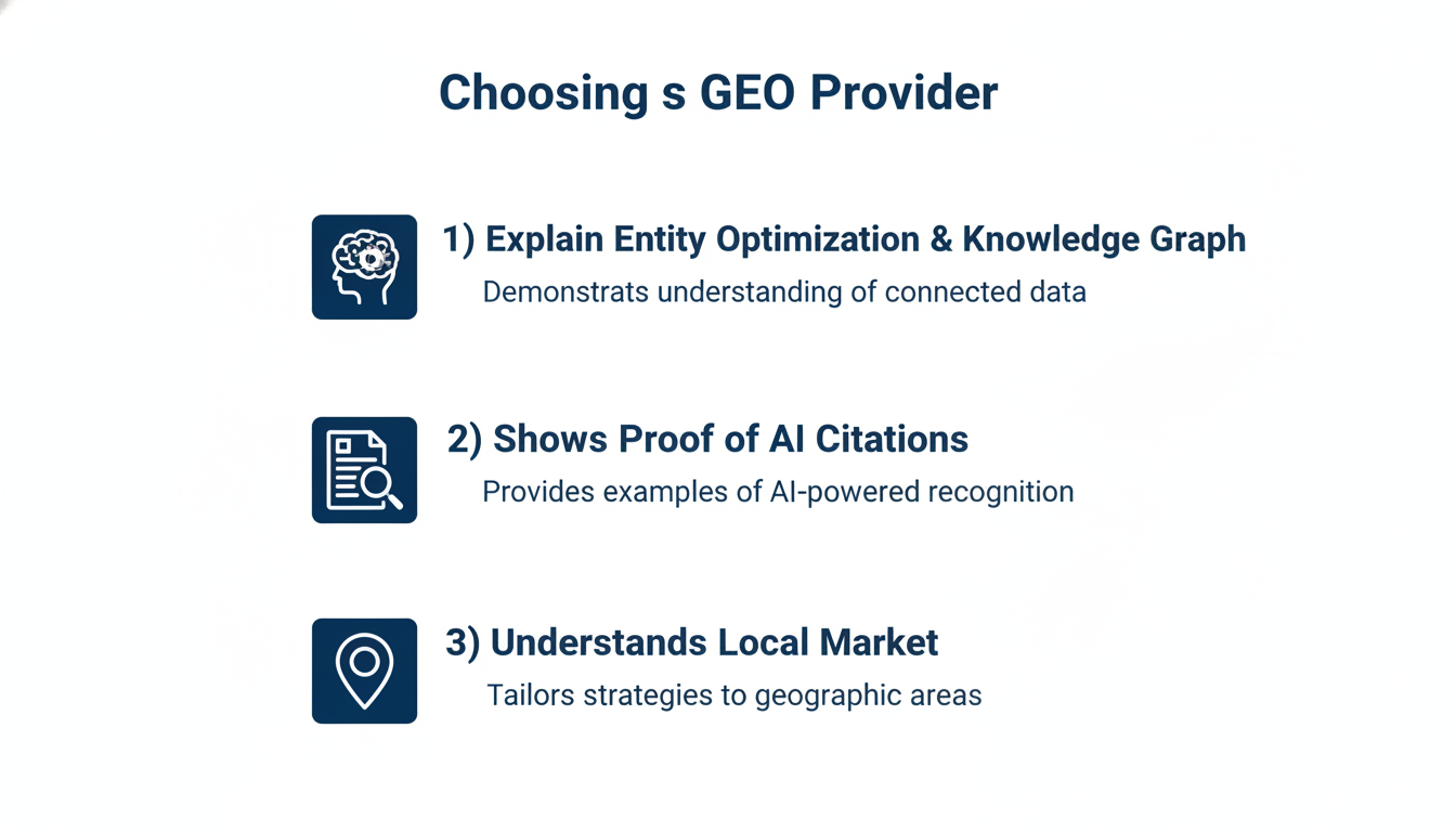 GEO provider evaluation checklist: Entity Optimization knowledge, proof of AI citations, local market understanding criteria.