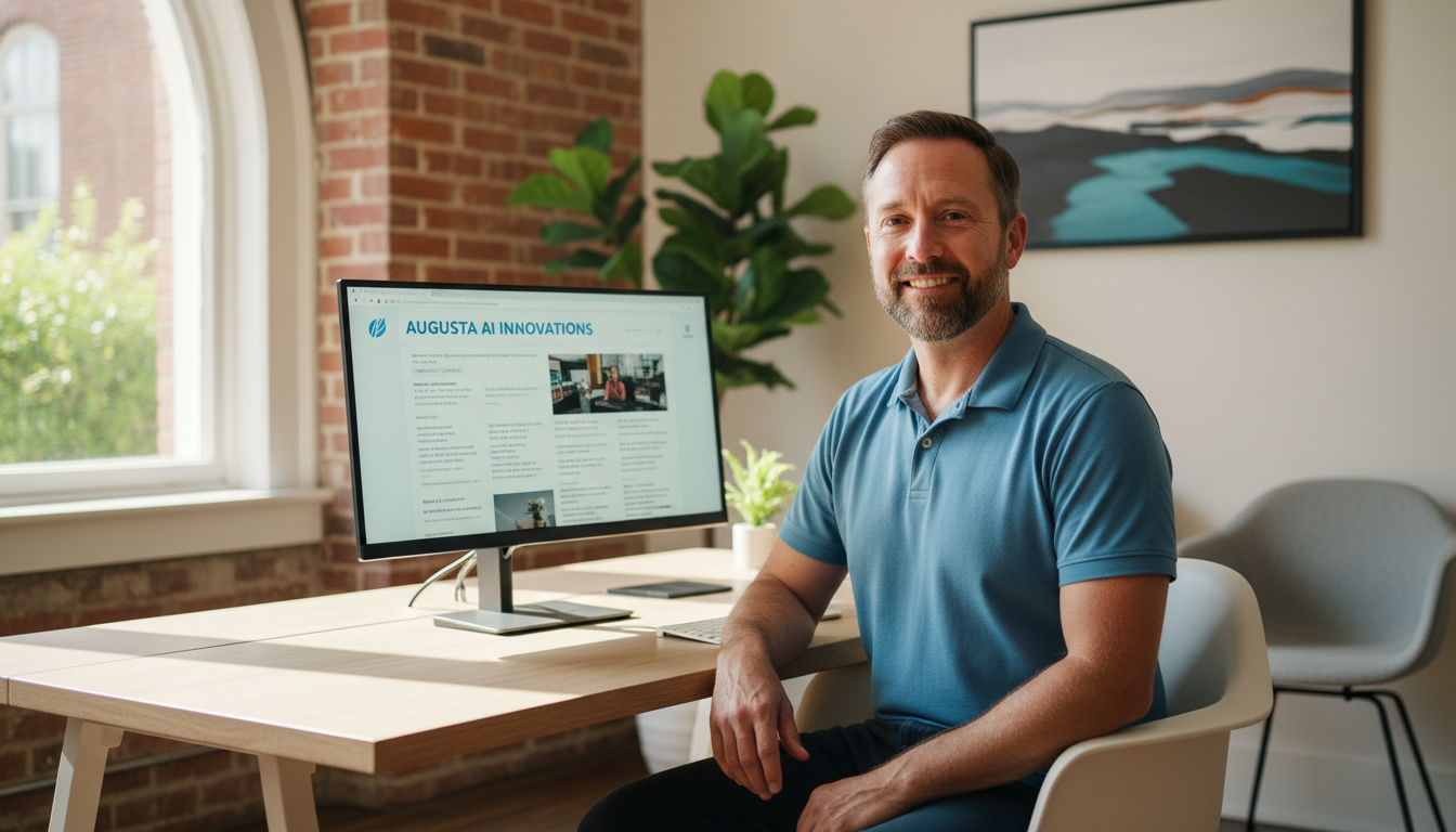 Business owner viewing AI search results on computer in modern Augusta office with exposed brick, demonstrating GEO visibility success.