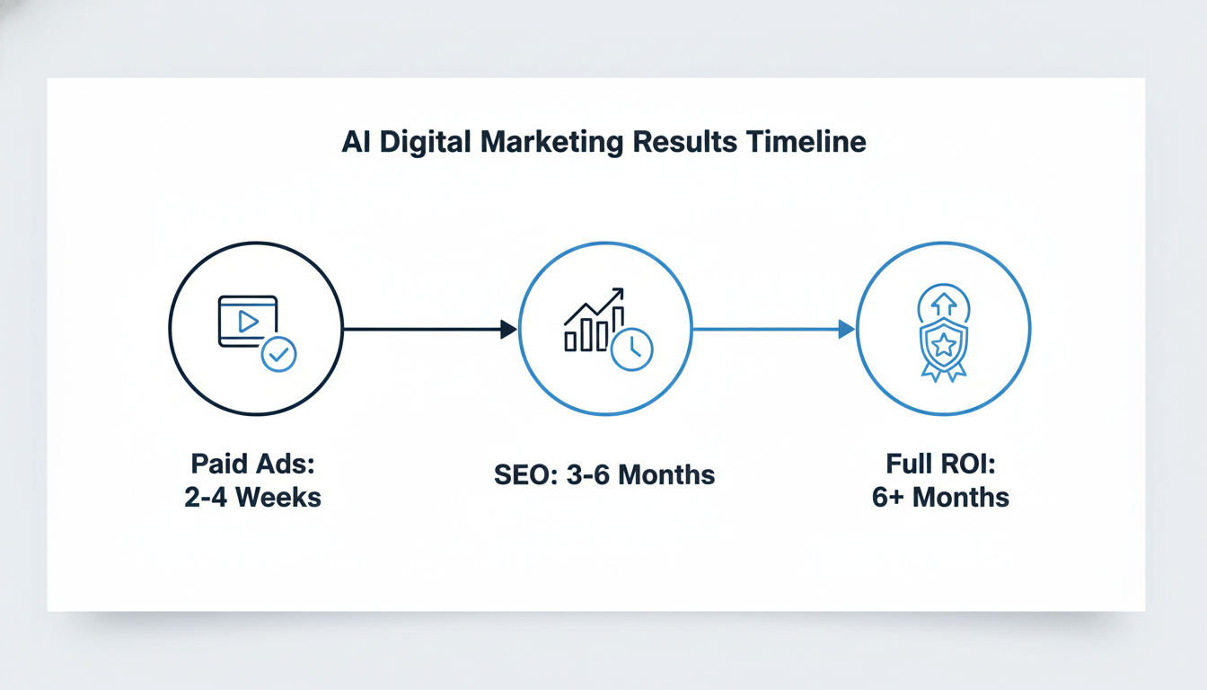 Marketing results timeline: Paid ads 2-4 weeks, SEO 3-6 months, full ROI 6+ months, Gainesville
