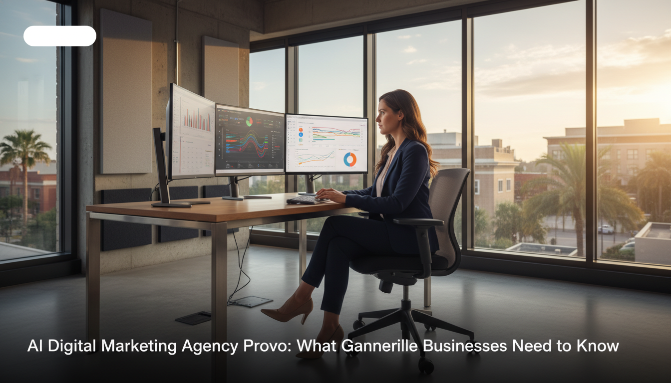 Digital marketing strategist at modern office desk with data dashboards, Provo digital marketing services