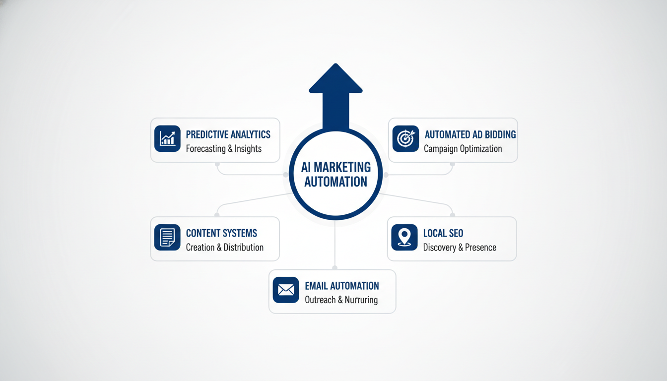 AI marketing components infographic: predictive analytics, ad bidding, content systems, local SEO automation