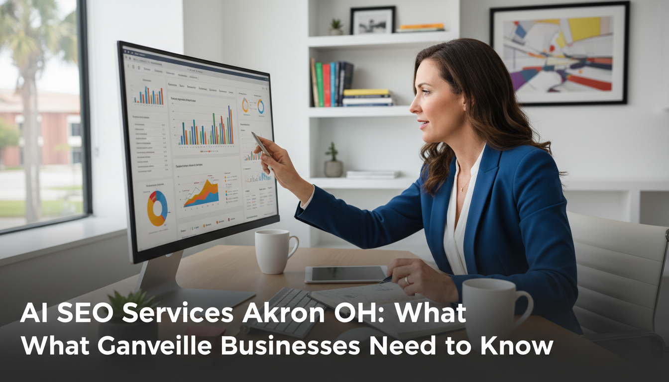 SEO strategist reviewing analytics dashboard in modern Akron office: AI SEO services Akron, OH