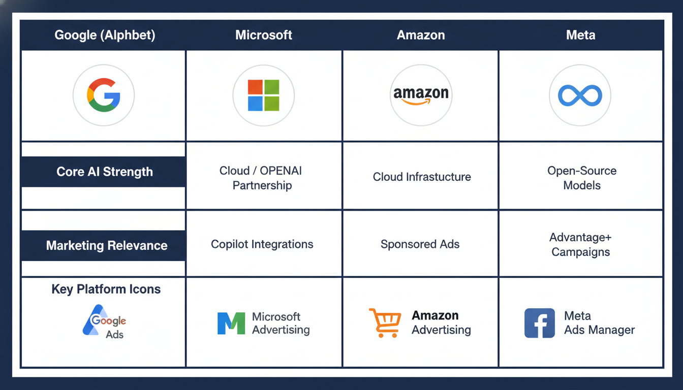 Big 4 AI companies table: Google, Microsoft, Amazon, Meta capabilities and platforms