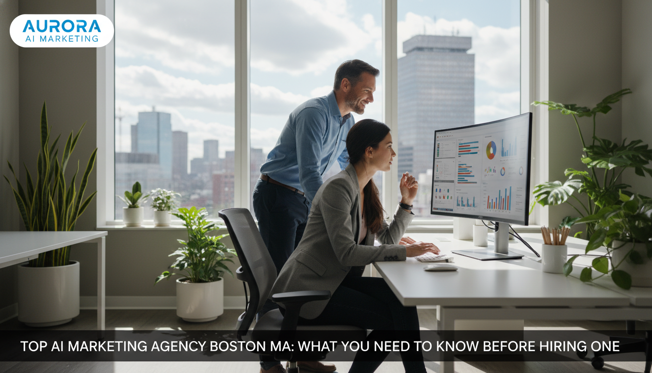 AI marketing team collaborating on strategy dashboards in modern Boston office setting