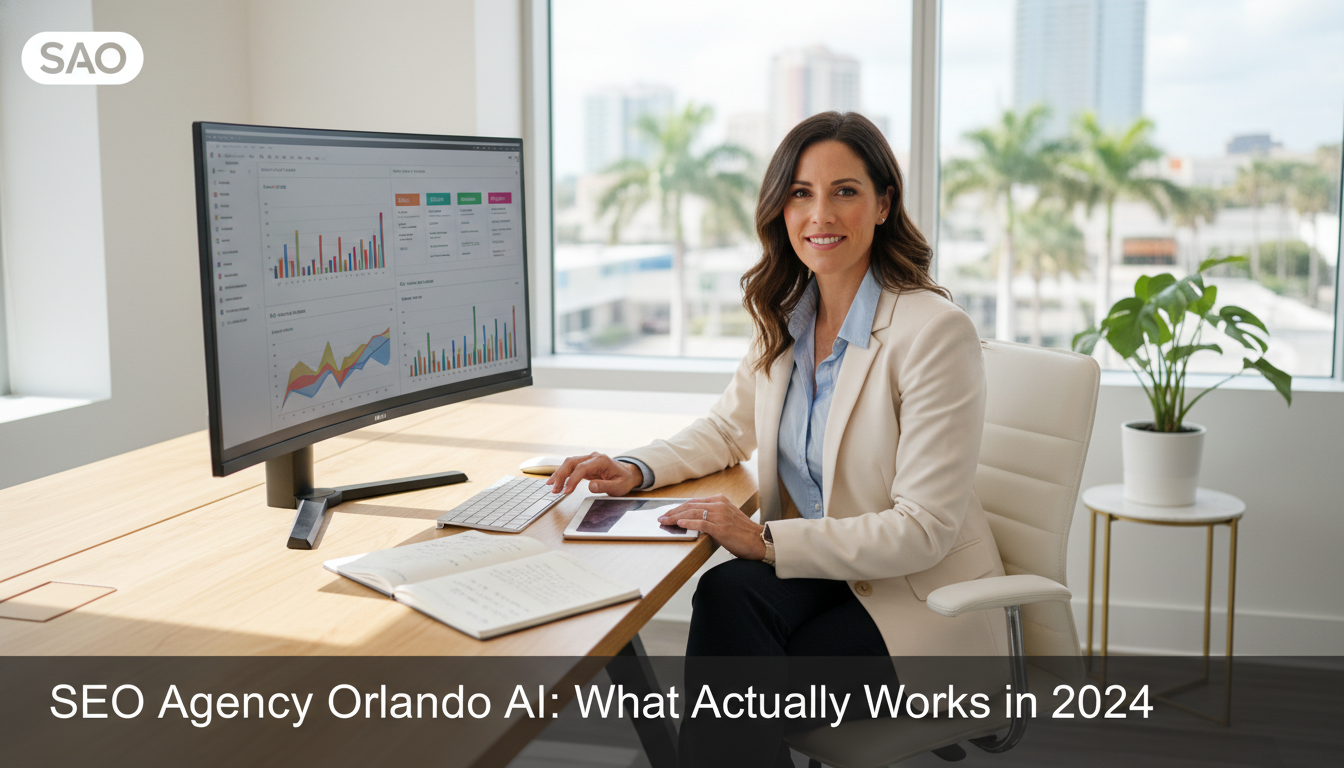 Professional SEO strategist in modern Orlando office analyzing strategy, representing AI hybrid SEO services in Orlando