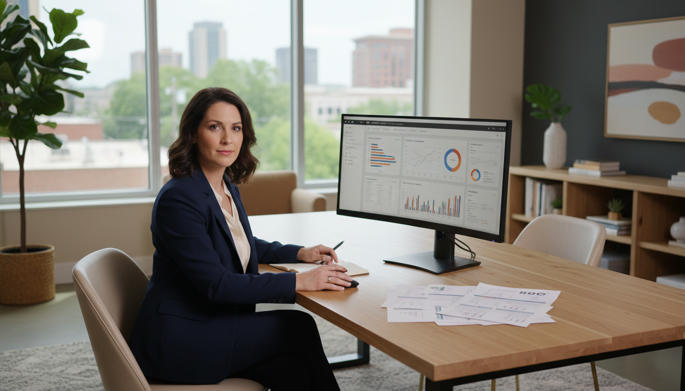 Professional SEO strategist reviewing analytics dashboards in modern Bridgeport office, AI SEO services