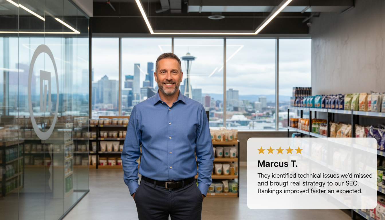 Satisfied Seattle business owner Marcus T. with 5-star testimonial on professional SEO results