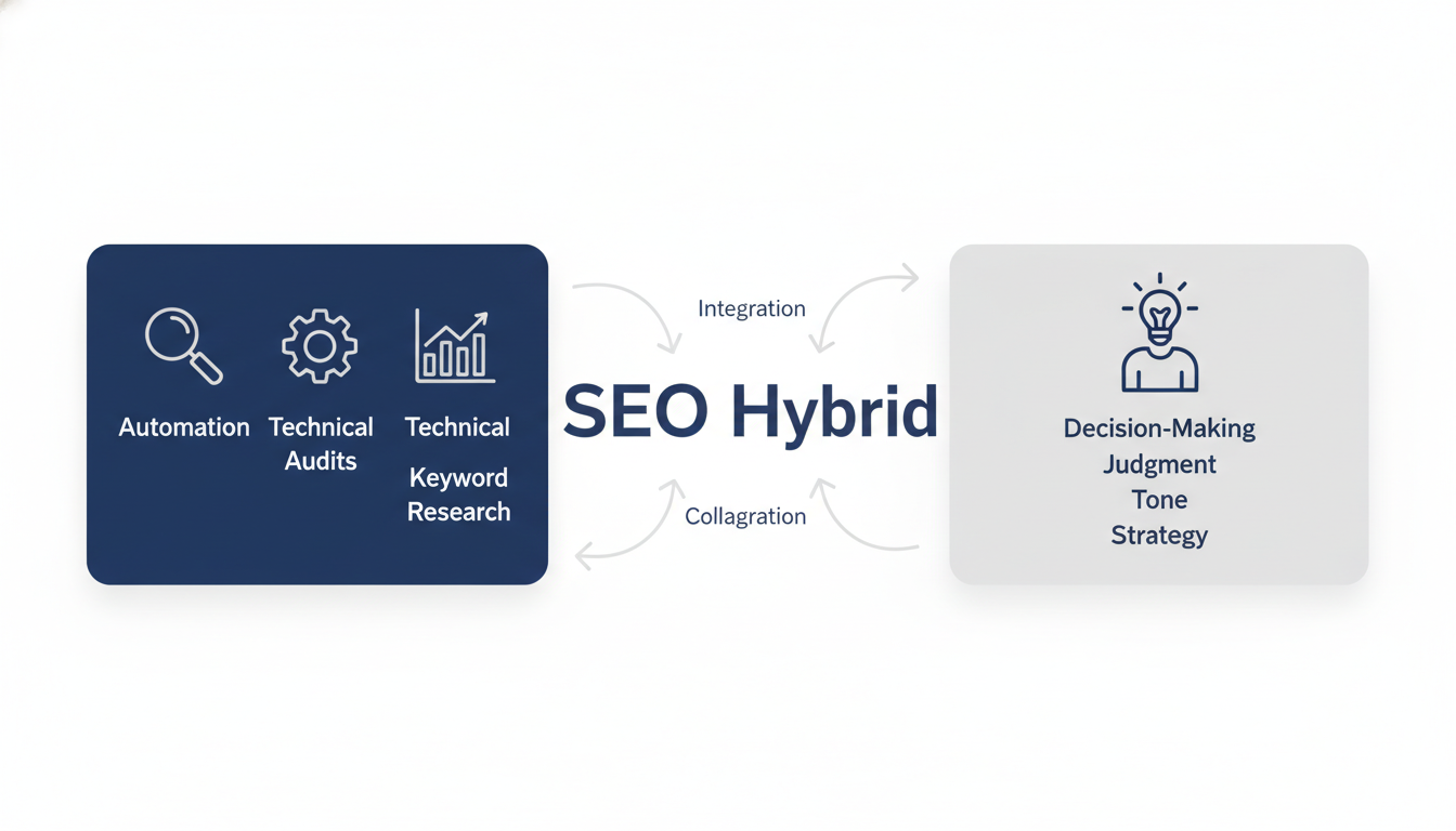SEO Hybrid infographic showing AI tools and human strategy integration for Seattle SEO services