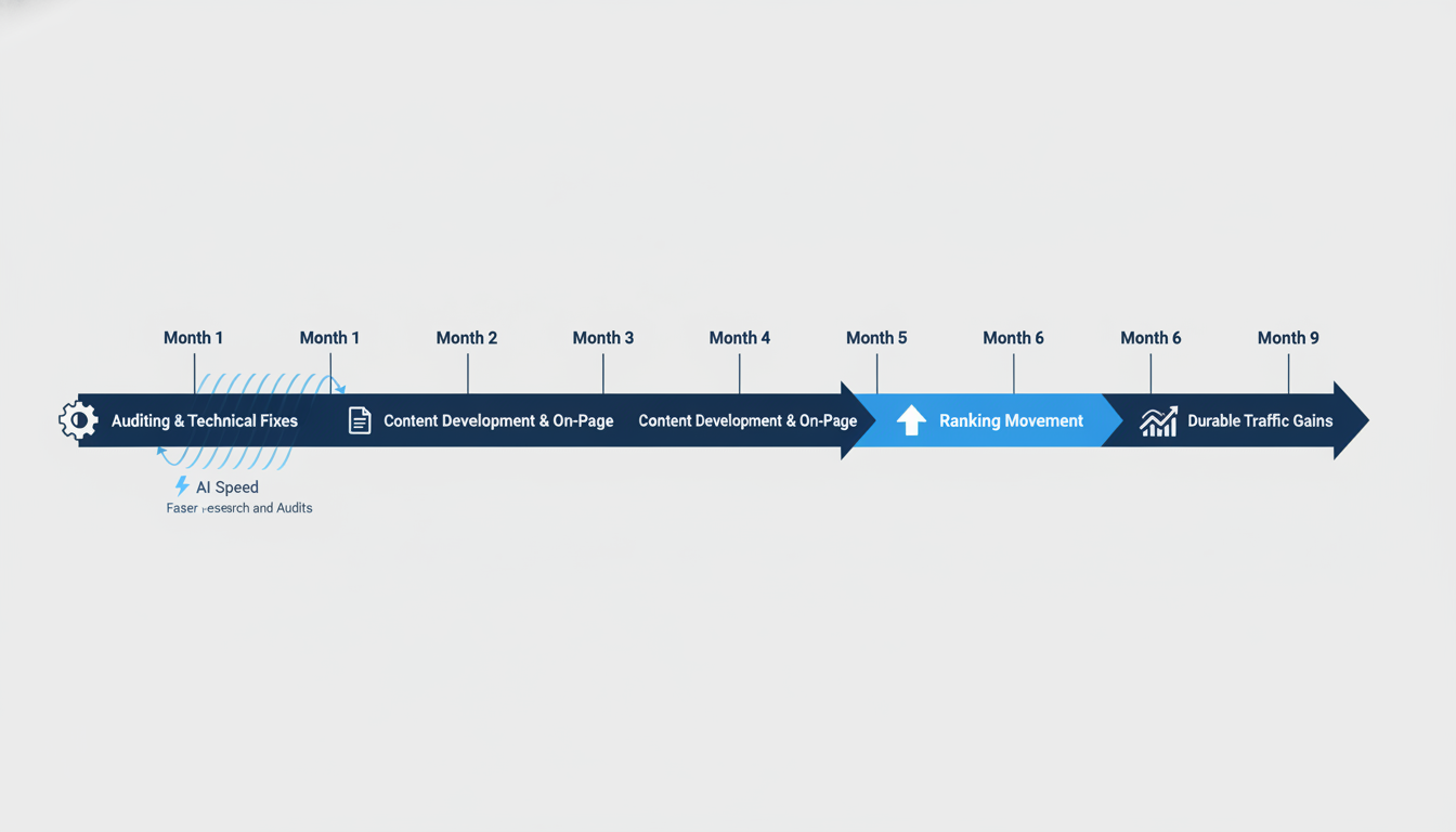 Nine-month SEO timeline showing ranking progression and AI acceleration milestones Seattle