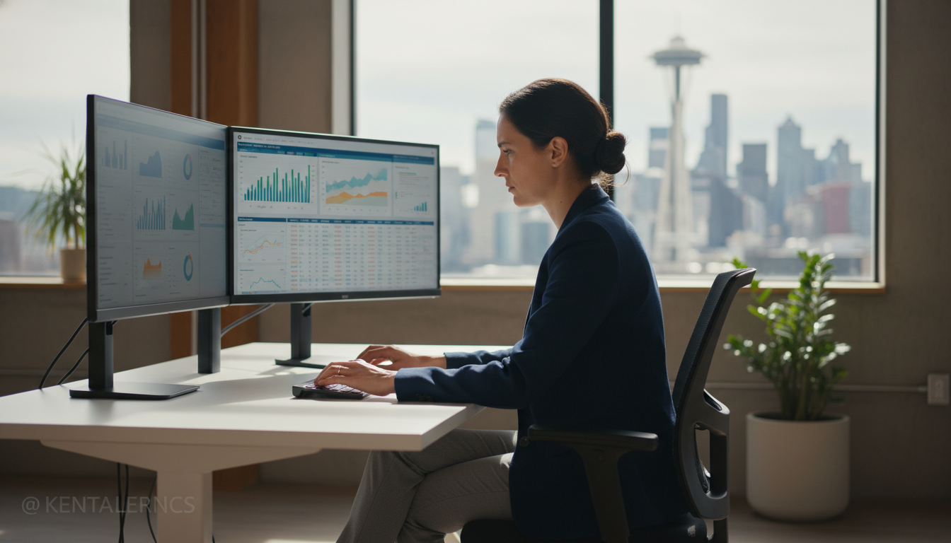 Female SEO strategist analyzing data on dual monitors in modern Seattle tech office with skyline view