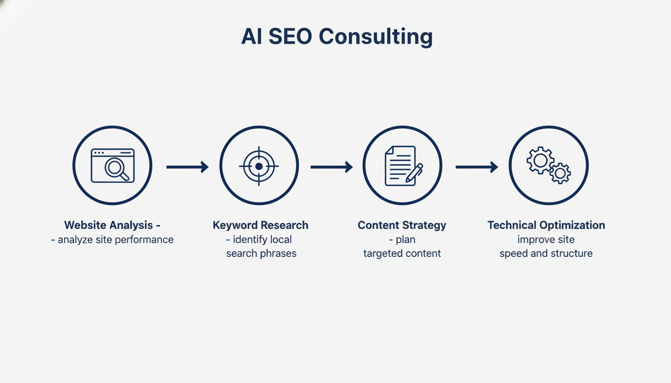 Four-step workflow diagram: Website Analysis, Keyword Research, Content Strategy, Technical Optimization